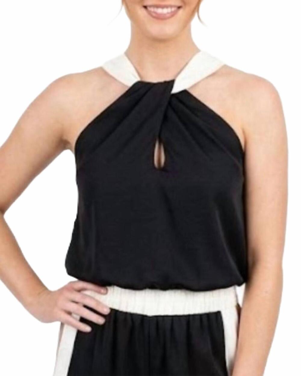 NEW AMELIA'S satin contrast bubble hemmed halter top in black